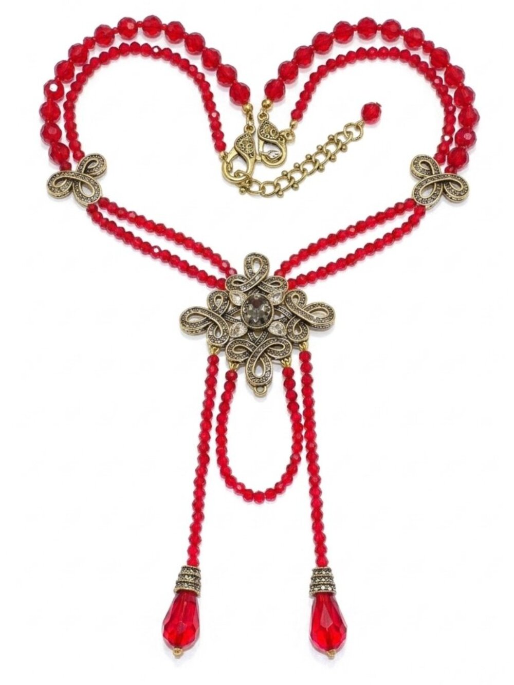 Heidi Daus Swarovski Crystal Faceted Red Bead Necklace Gold-Tone Accents 19.5"